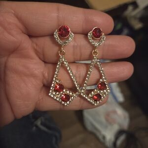 Gold Drop Earrings with Red Crystal Accents